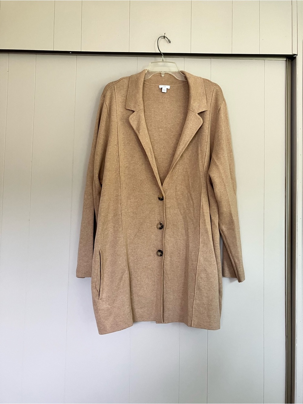 J. Jill Tan Beige Button Up Long Cardigan Blazer With Pockets Cotton Blend